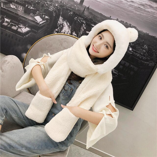 ZDFURS*Autumn and winter hat female plush thick double-layer northeast hat warm cycling neck scarf scarf gloves one gift