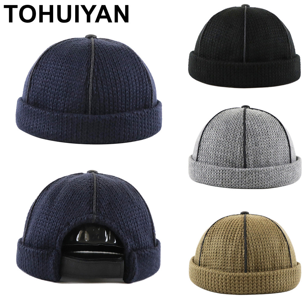 TOHUIYAN 2019 Retro Knitted Hat For Men Brimless Leather Skull Cap Autumn Winter Warm Beanie Hats Hip Hop Sailor Caps Adjustable