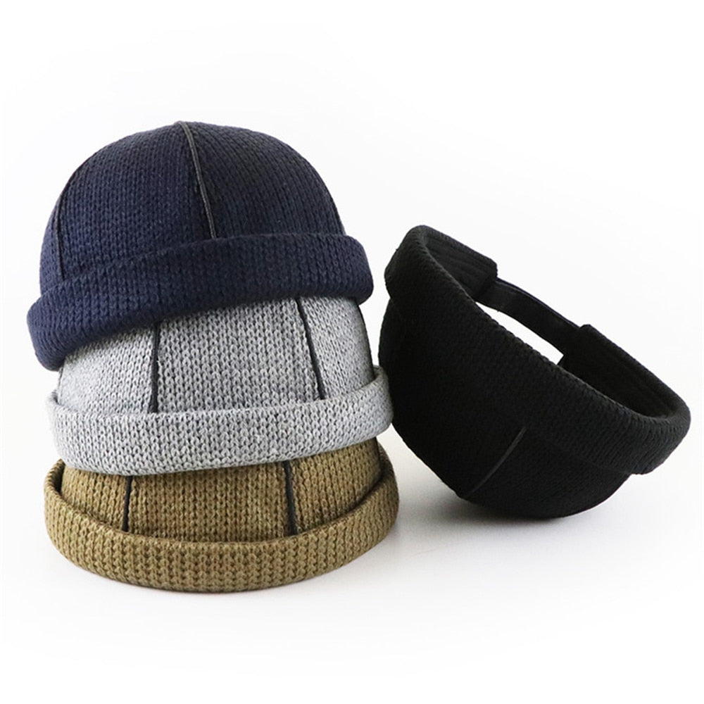TOHUIYAN 2019 Retro Knitted Hat For Men Brimless Leather Skull Cap Autumn Winter Warm Beanie Hats Hip Hop Sailor Caps Adjustable
