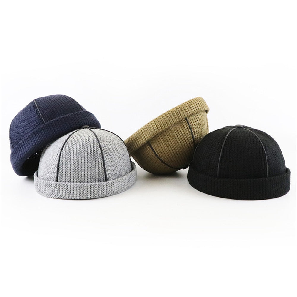 TOHUIYAN 2019 Retro Knitted Hat For Men Brimless Leather Skull Cap Autumn Winter Warm Beanie Hats Hip Hop Sailor Caps Adjustable