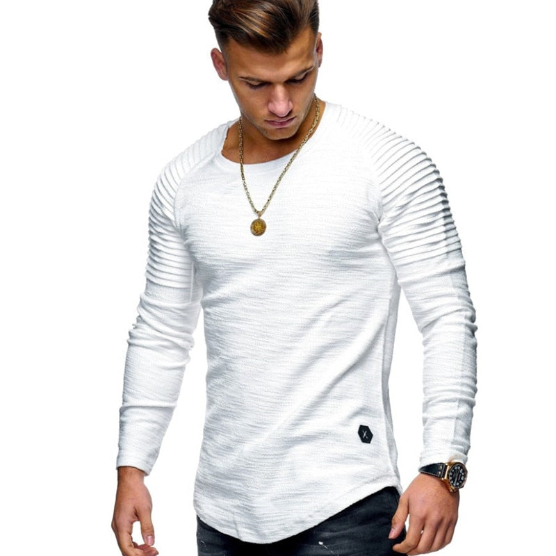 Hot 2019  Solid Color Sleeve Pleated Patch Detail Long Sleeve T-Shirt Men