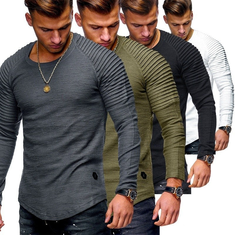 Hot 2019  Solid Color Sleeve Pleated Patch Detail Long Sleeve T-Shirt Men