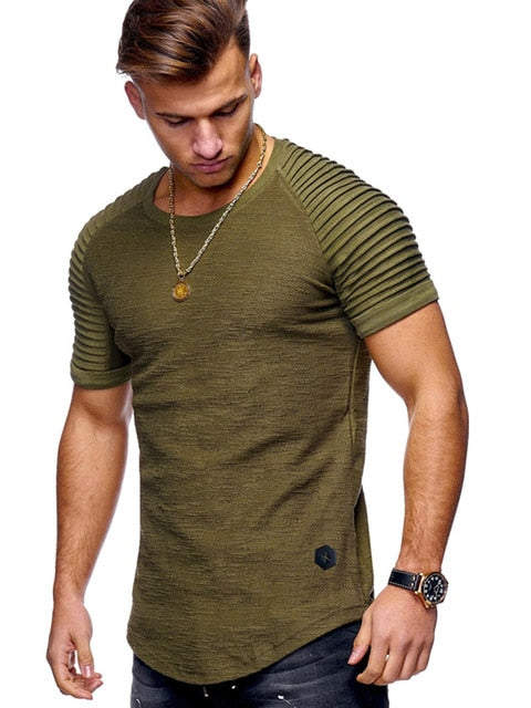 Hot 2019  Solid Color Sleeve Pleated Patch Detail Long Sleeve T-Shirt Men