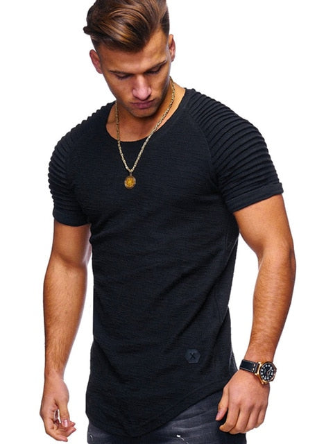 Hot 2019  Solid Color Sleeve Pleated Patch Detail Long Sleeve T-Shirt Men