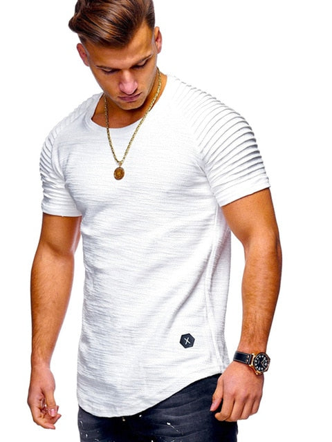 Hot 2019  Solid Color Sleeve Pleated Patch Detail Long Sleeve T-Shirt Men