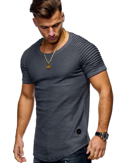 Hot 2019  Solid Color Sleeve Pleated Patch Detail Long Sleeve T-Shirt Men