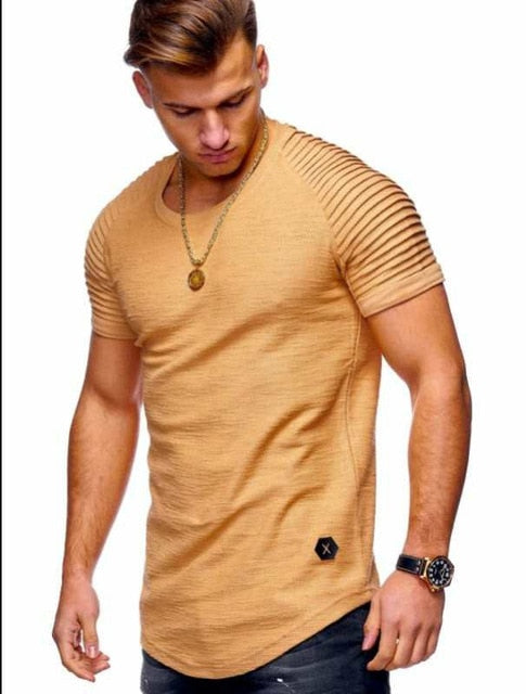 Hot 2019  Solid Color Sleeve Pleated Patch Detail Long Sleeve T-Shirt Men