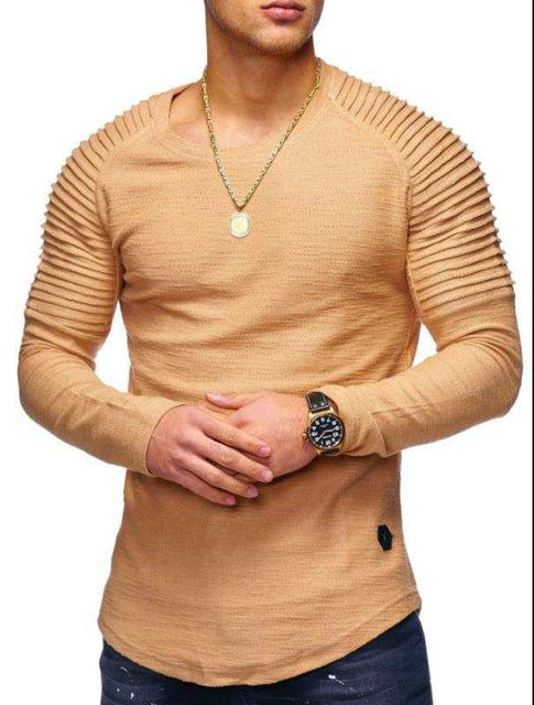 Hot 2019  Solid Color Sleeve Pleated Patch Detail Long Sleeve T-Shirt Men