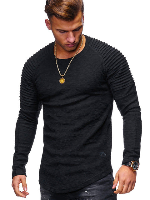 Hot 2019  Solid Color Sleeve Pleated Patch Detail Long Sleeve T-Shirt Men