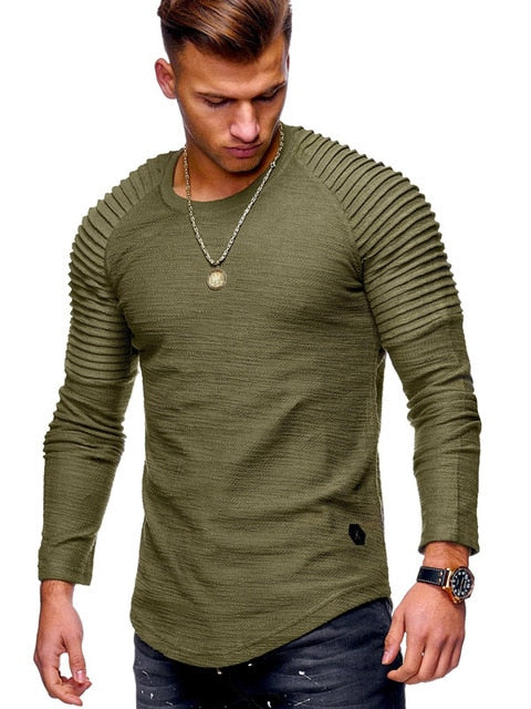 Hot 2019  Solid Color Sleeve Pleated Patch Detail Long Sleeve T-Shirt Men