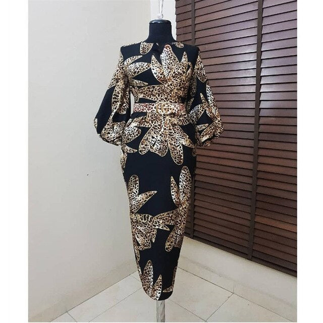 Traditional African Dashiki Woman Leopard Printed Dress V-neck Fashion Fit Clothing 2019 New Casual Bazin Party Dresses
