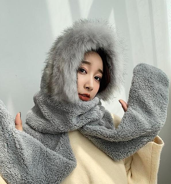 ZDFURS*Autumn and winter hat female plush thick double-layer northeast hat warm cycling neck scarf scarf gloves one gift