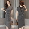 Summer Women's Dresses New Fashion Striped Lace Stitching Irregular Dress Slim O-Neck Elegant Women Office Dress Vestidos AA218