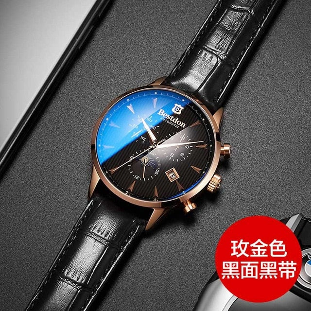 Bestdon Luxury Brand Watch Men Automatic Mechanical Watch Business Casual Switzerland Watches Moon Phase Blue Leather Strap 7116