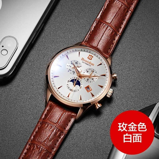 Bestdon Luxury Brand Watch Men Automatic Mechanical Watch Business Casual Switzerland Watches Moon Phase Blue Leather Strap 7116
