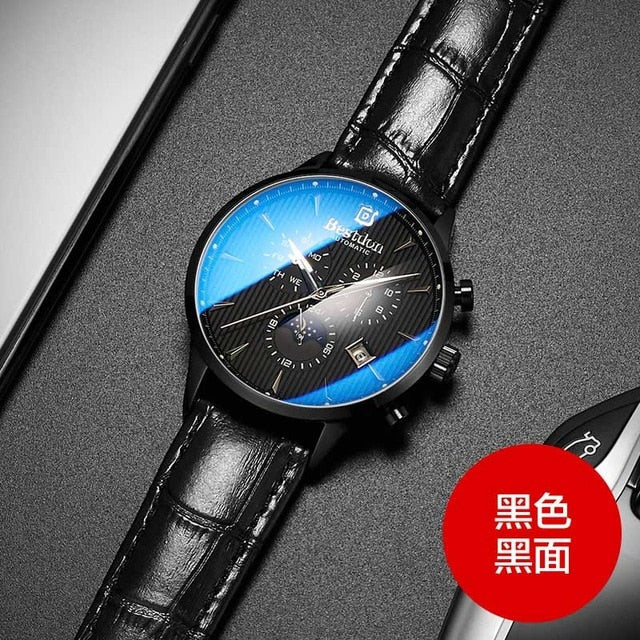 Bestdon Luxury Brand Watch Men Automatic Mechanical Watch Business Casual Switzerland Watches Moon Phase Blue Leather Strap 7116