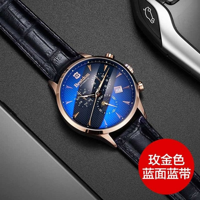 Bestdon Luxury Brand Watch Men Automatic Mechanical Watch Business Casual Switzerland Watches Moon Phase Blue Leather Strap 7116
