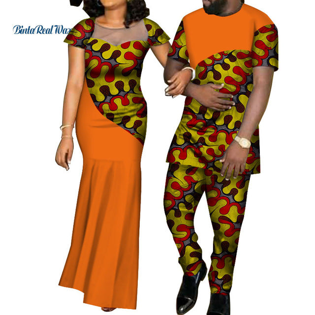 African Dresses for Women Bazin  Mens Shirt and Pants Sets Lover Couples Clothes Print Yarn Dress African Design Clothing WYQ126