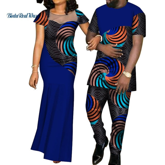 African Dresses for Women Bazin  Mens Shirt and Pants Sets Lover Couples Clothes Print Yarn Dress African Design Clothing WYQ126