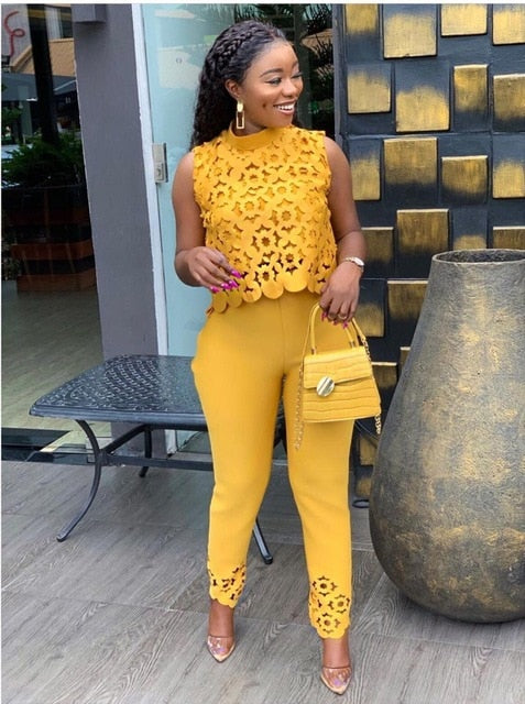 High street yellow hollow out 2 piece set women sleeveless short top and long pants fashion female outfit LTZ008