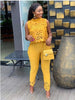 High street yellow hollow out 2 piece set women sleeveless short top and long pants fashion female outfit LTZ008