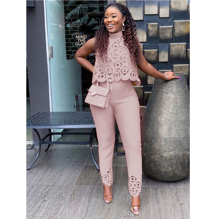 High street yellow hollow out 2 piece set women sleeveless short top and long pants fashion female outfit LTZ008