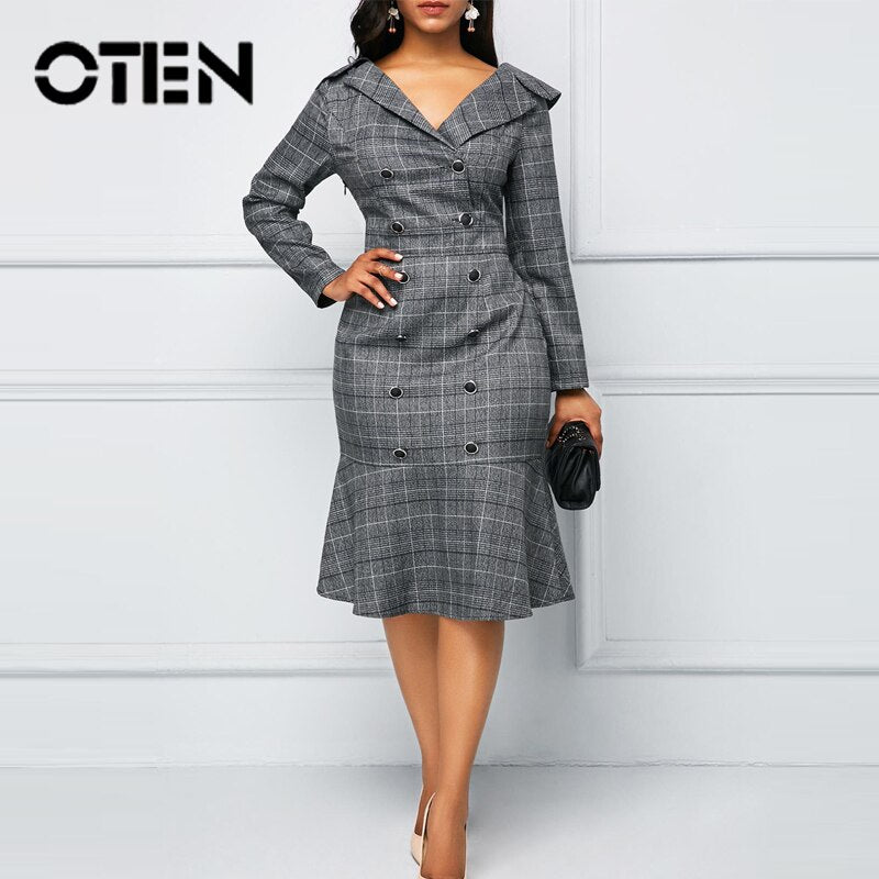 OTEN Women Dresses Office Wear Ladies Pencil Ruffle Plus Size 2019 Autumn New Plaid Double Button V-Neck Long Sleeves Midi Polo