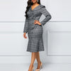 OTEN Women Dresses Office Wear Ladies Pencil Ruffle Plus Size 2019 Autumn New Plaid Double Button V-Neck Long Sleeves Midi Polo
