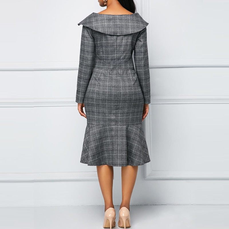 OTEN Women Dresses Office Wear Ladies Pencil Ruffle Plus Size 2019 Autumn New Plaid Double Button V-Neck Long Sleeves Midi Polo