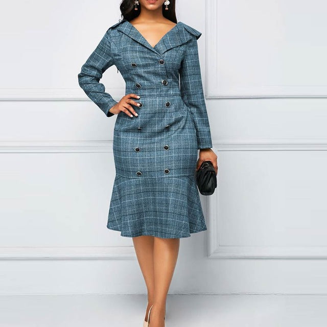 OTEN Women Dresses Office Wear Ladies Pencil Ruffle Plus Size 2019 Autumn New Plaid Double Button V-Neck Long Sleeves Midi Polo