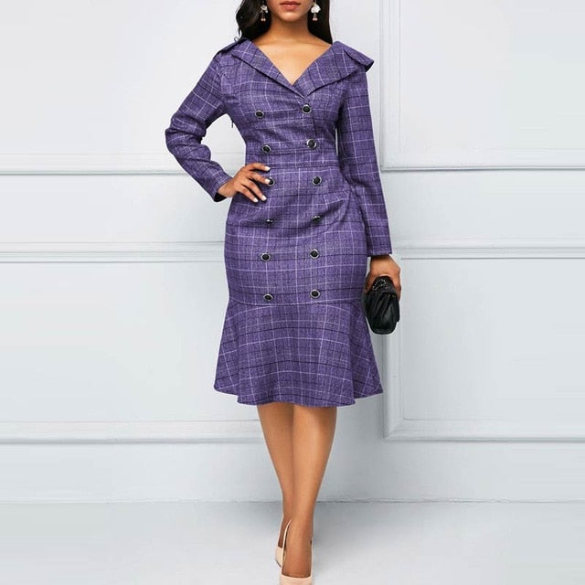 OTEN Women Dresses Office Wear Ladies Pencil Ruffle Plus Size 2019 Autumn New Plaid Double Button V-Neck Long Sleeves Midi Polo