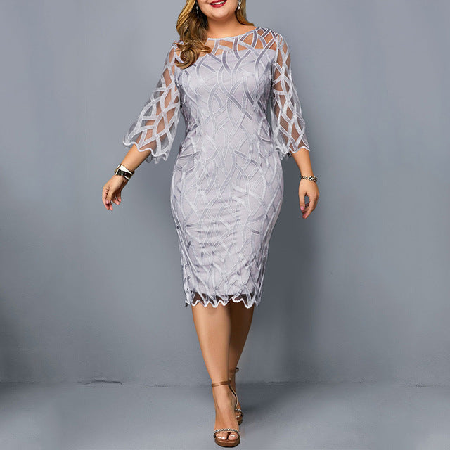 6XL Elegant Women Dress Plus Size Transparent Seven Sleeve Party Dress Autumn Ladies Knee-Length Dress Fall Retro vestidos D30