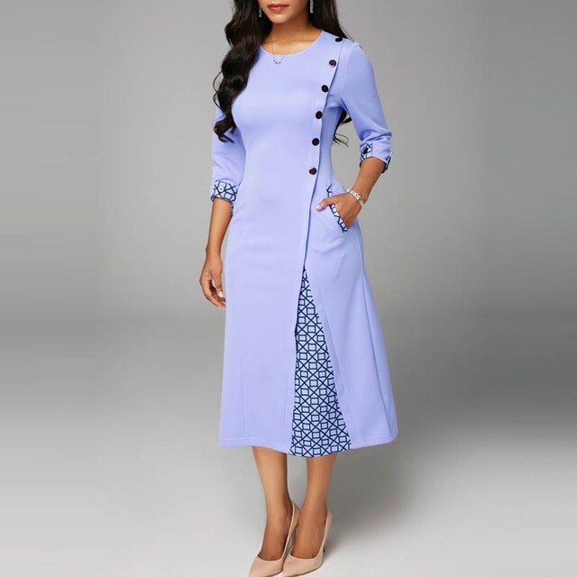 OTEN Midi Dress Women Plaid Office Plus Size Patchwork 2019 Autumn New Elegant Pocket Button O-Neck Party Work Loose Female Robe