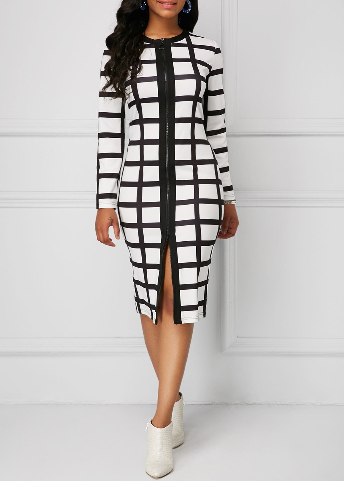 2019 Plus Size Fashion Women Dress 5xl New Autumn And Winter Dress Casual Black And White Plaid Zipper Slim Office Tight Dress