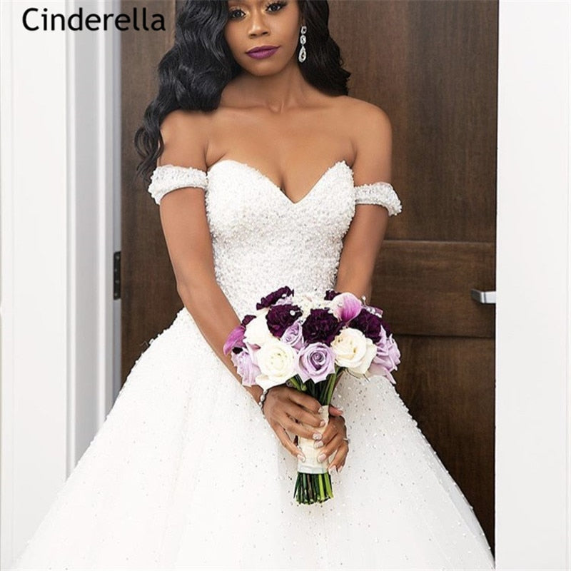 Cinderella Sweetheart Sleeveless Crystal Pearl Beaded Princess Ball Gown Wedding Dresses With Lace Up Back vestido de noiva