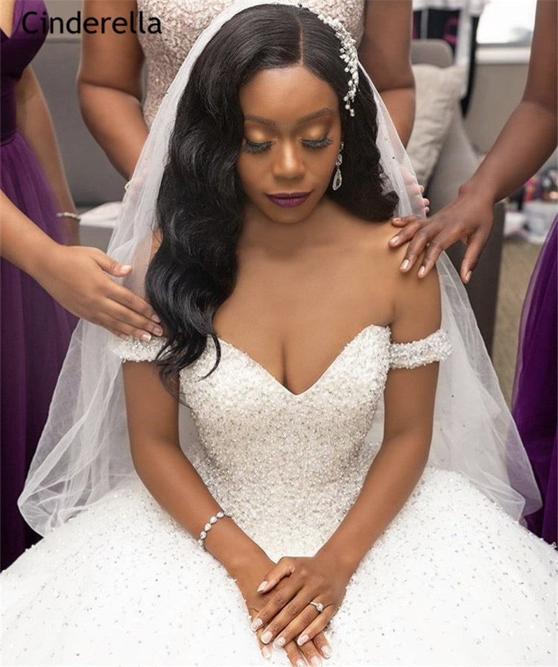 Cinderella Sweetheart Sleeveless Crystal Pearl Beaded Princess Ball Gown Wedding Dresses With Lace Up Back vestido de noiva