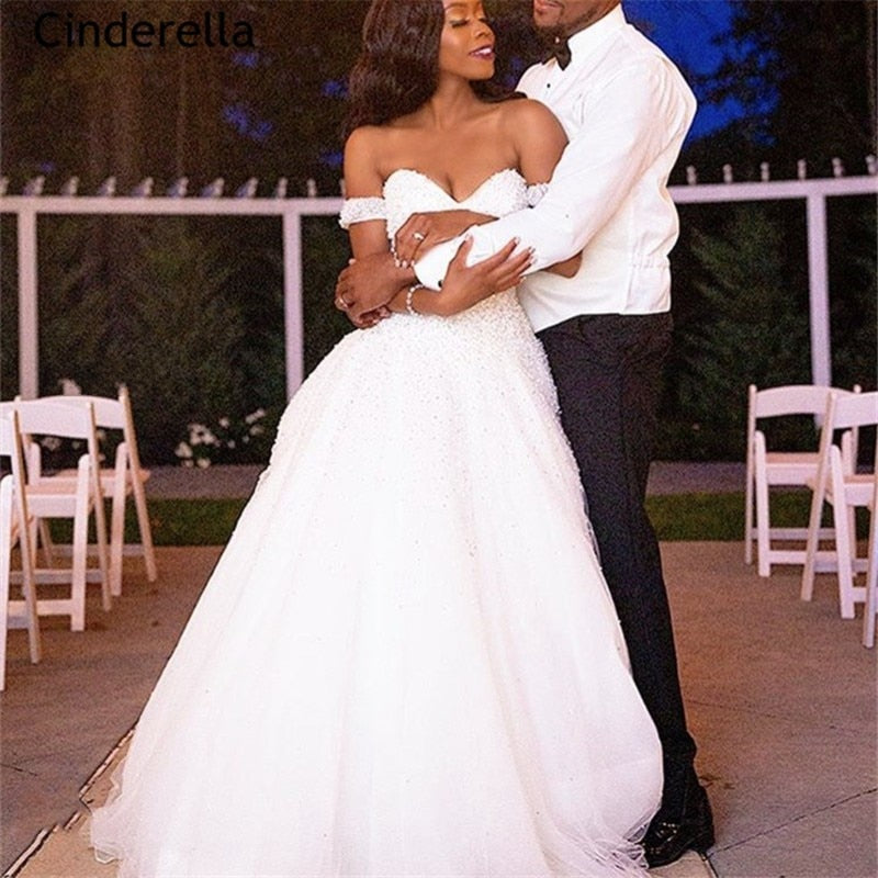 Cinderella Sweetheart Sleeveless Crystal Pearl Beaded Princess Ball Gown Wedding Dresses With Lace Up Back vestido de noiva