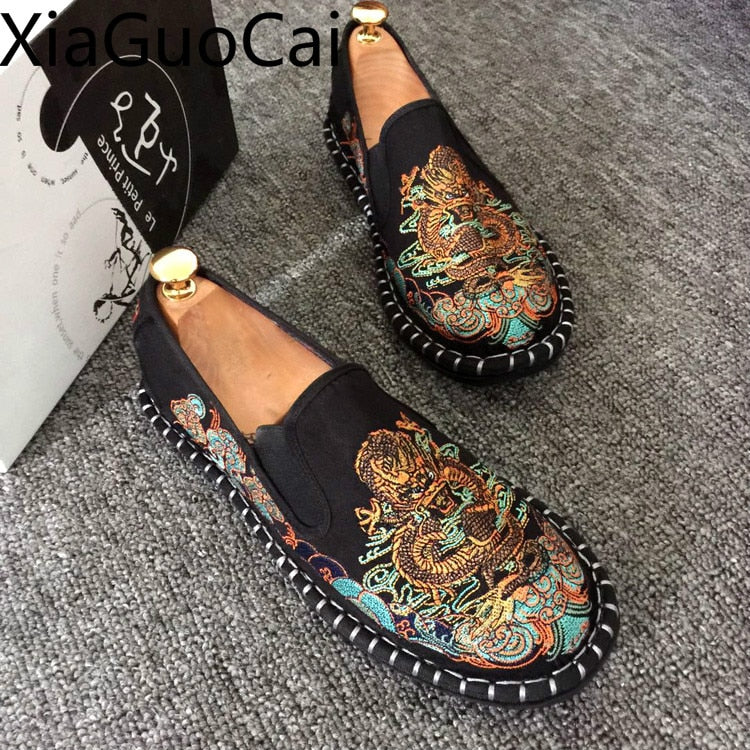 Embroidered Men's Casual Loafers Summer Fashion Slip on Male Canvas Shoes Lightweight Breathable Flat Shoes