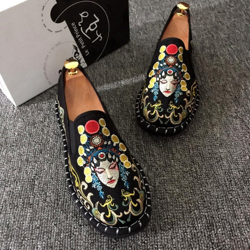 Embroidered Men's Casual Loafers Summer Fashion Slip on Male Canvas Shoes Lightweight Breathable Flat Shoes