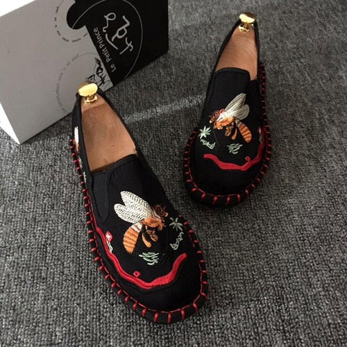 Embroidered Men's Casual Loafers Summer Fashion Slip on Male Canvas Shoes Lightweight Breathable Flat Shoes