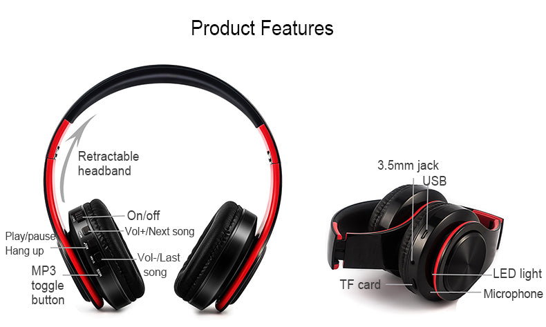 New Portable Wireless Headphones Bluetooth Stereo Foldable Headset Audio Mp3 Adjustable Earphones with Mic for Music