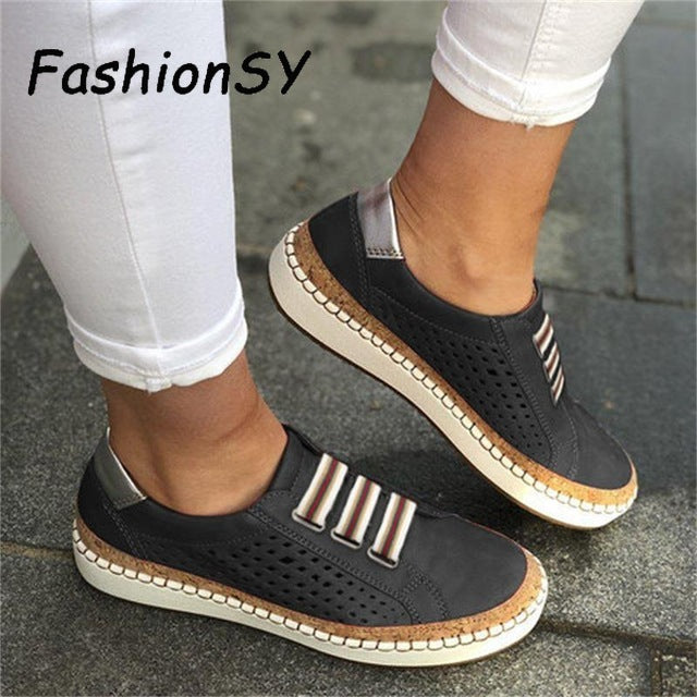 Hollow Out Women's Shoes Hand-stitched Striped Breathable Elastic Band Retro Casual Flat Suitable Wide Leg Women's Sneaker