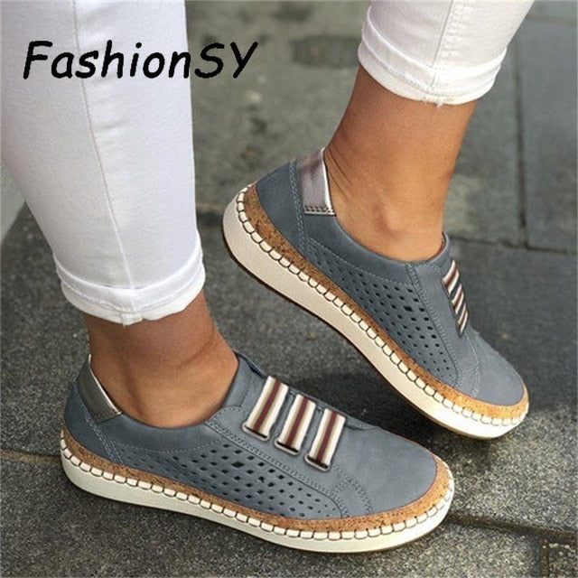 Hollow Out Women's Shoes Hand-stitched Striped Breathable Elastic Band Retro Casual Flat Suitable Wide Leg Women's Sneaker