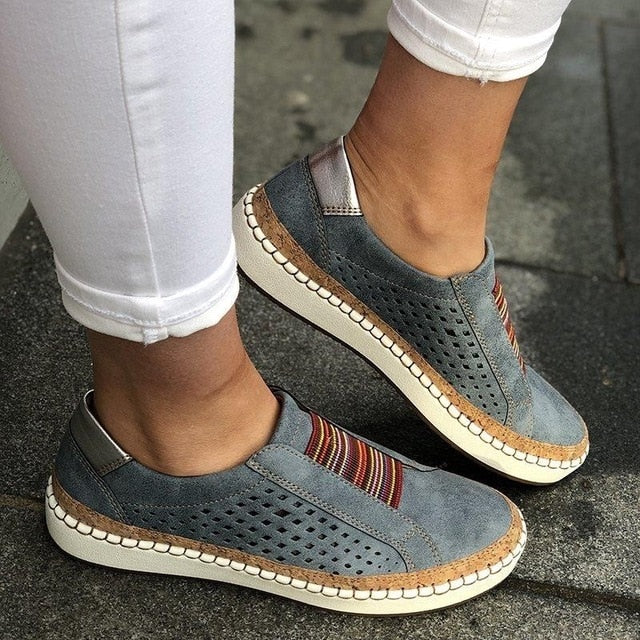 Hollow Out Women's Shoes Hand-stitched Striped Breathable Elastic Band Retro Casual Flat Suitable Wide Leg Women's Sneaker