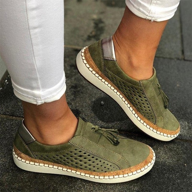 Hollow Out Women's Shoes Hand-stitched Striped Breathable Elastic Band Retro Casual Flat Suitable Wide Leg Women's Sneaker