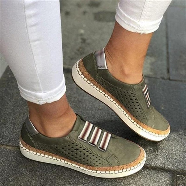 Hollow Out Women's Shoes Hand-stitched Striped Breathable Elastic Band Retro Casual Flat Suitable Wide Leg Women's Sneaker