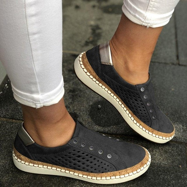 Hollow Out Women's Shoes Hand-stitched Striped Breathable Elastic Band Retro Casual Flat Suitable Wide Leg Women's Sneaker
