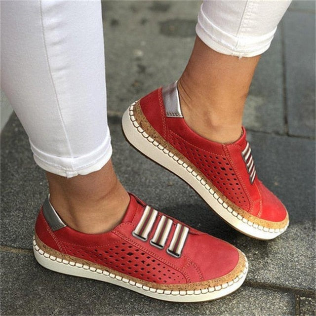Hollow Out Women's Shoes Hand-stitched Striped Breathable Elastic Band Retro Casual Flat Suitable Wide Leg Women's Sneaker