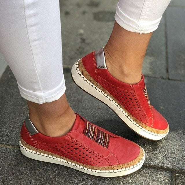 Hollow Out Women's Shoes Hand-stitched Striped Breathable Elastic Band Retro Casual Flat Suitable Wide Leg Women's Sneaker