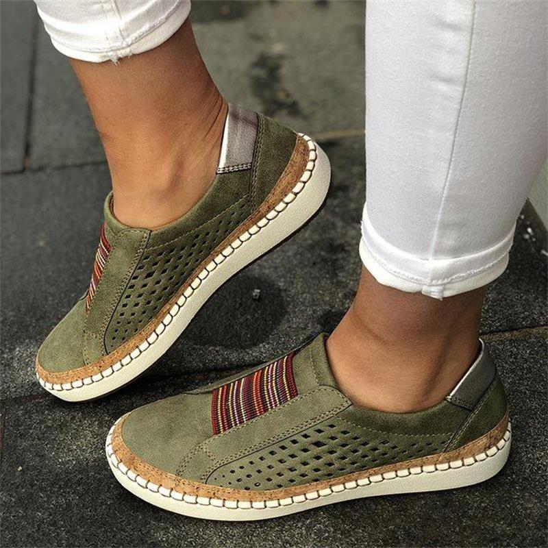 Hollow Out Women's Shoes Hand-stitched Striped Breathable Elastic Band Retro Casual Flat Suitable Wide Leg Women's Sneaker